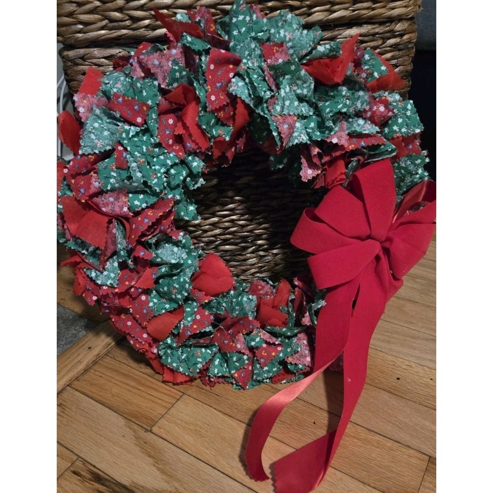 Handmade Christmas Rag Tie Wreath Red Green Fabric strips 16" Holiday Door Decor